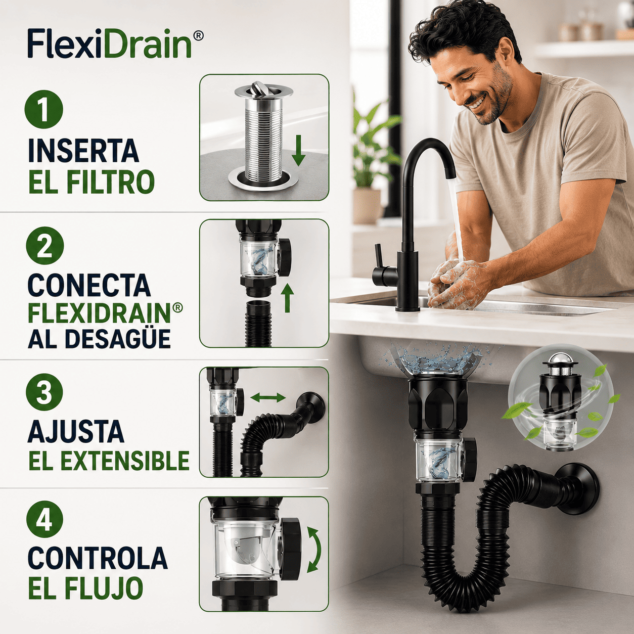 FlexiDrain® 2X1 (Desagüe para lavabo ajustable y flexible)