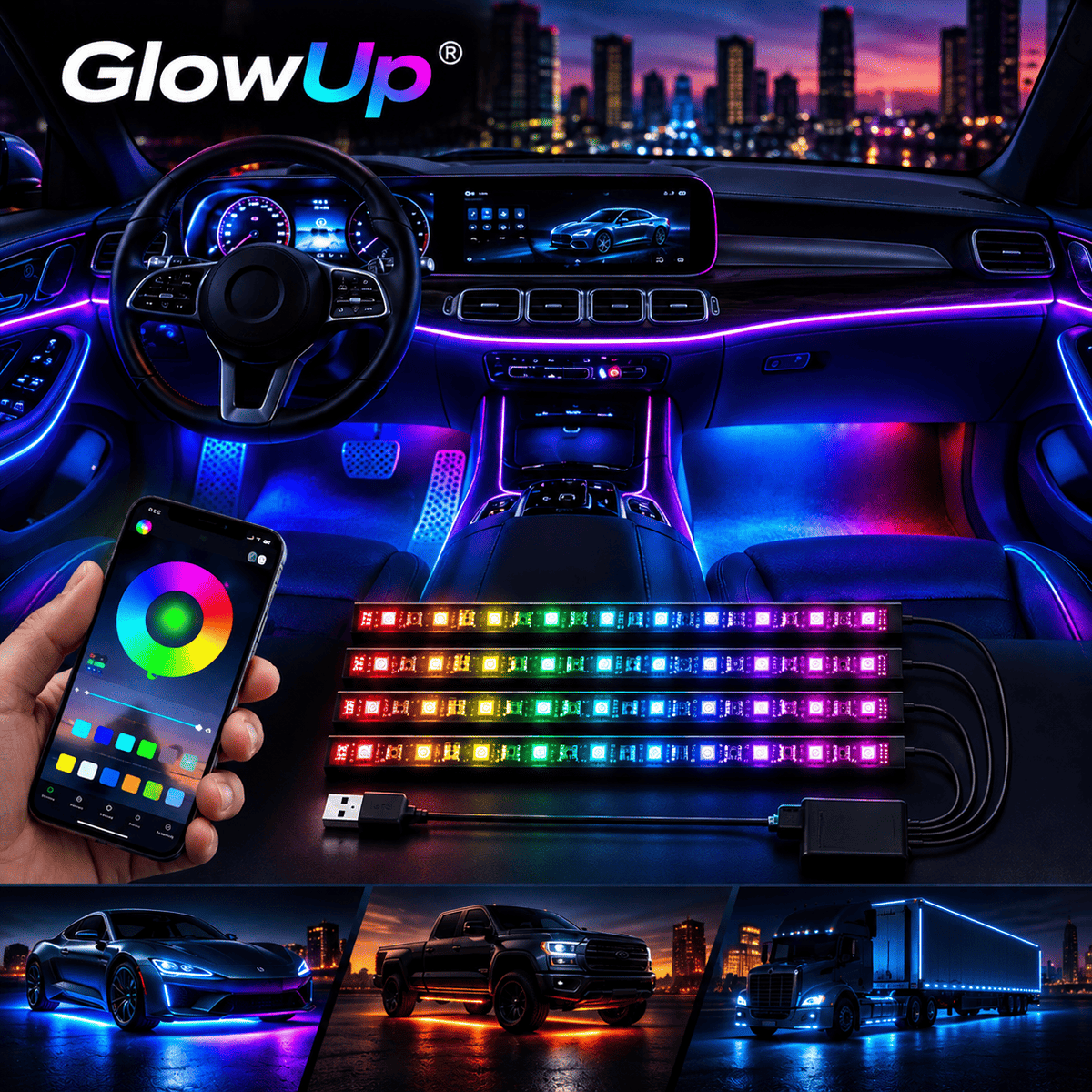 GlowUp® (Led Rgb Interior App Control Remoto Luz Para Auto)