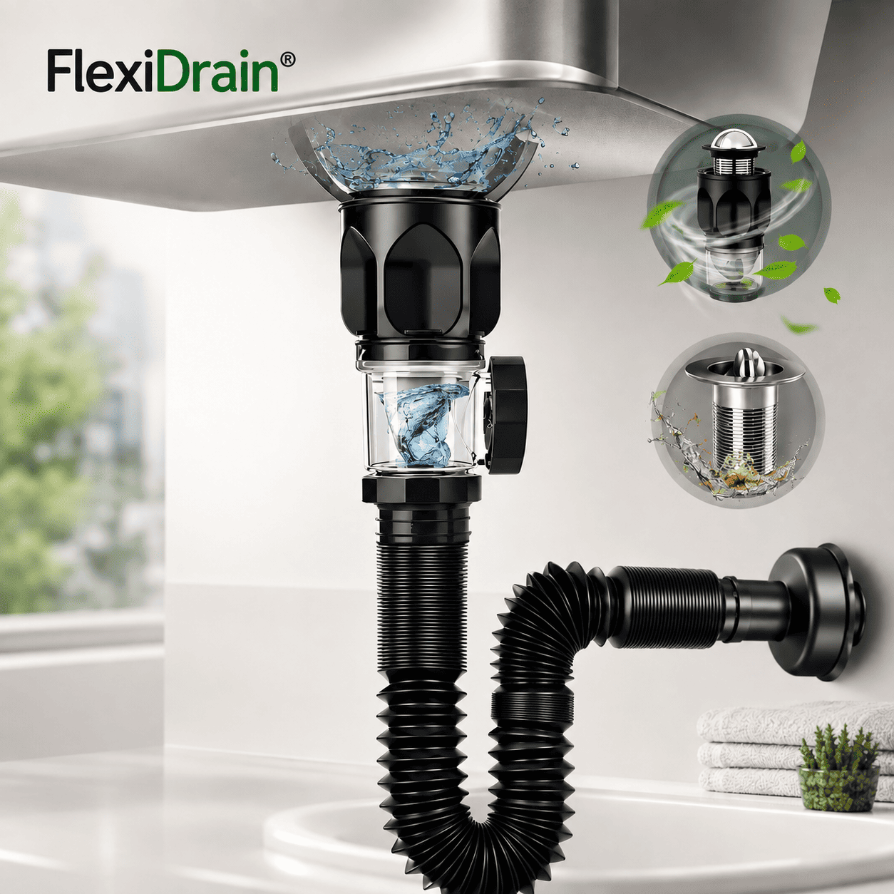 FlexiDrain® 2X1 (Desagüe para lavabo ajustable y flexible)