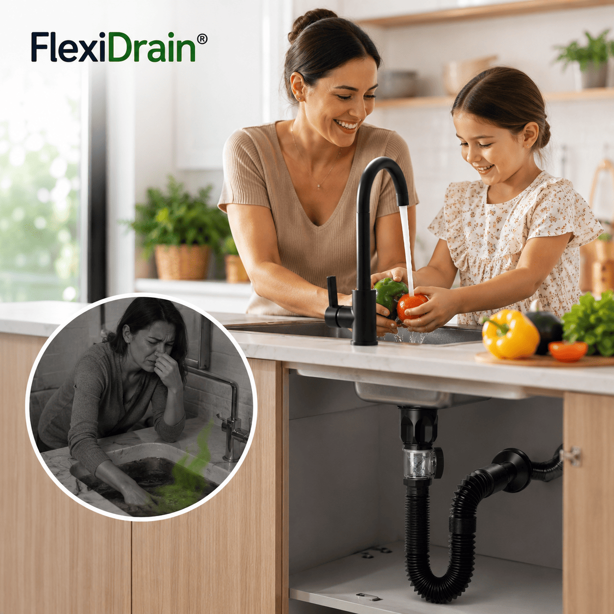 FlexiDrain® 2X1 (Desagüe para lavabo ajustable y flexible)
