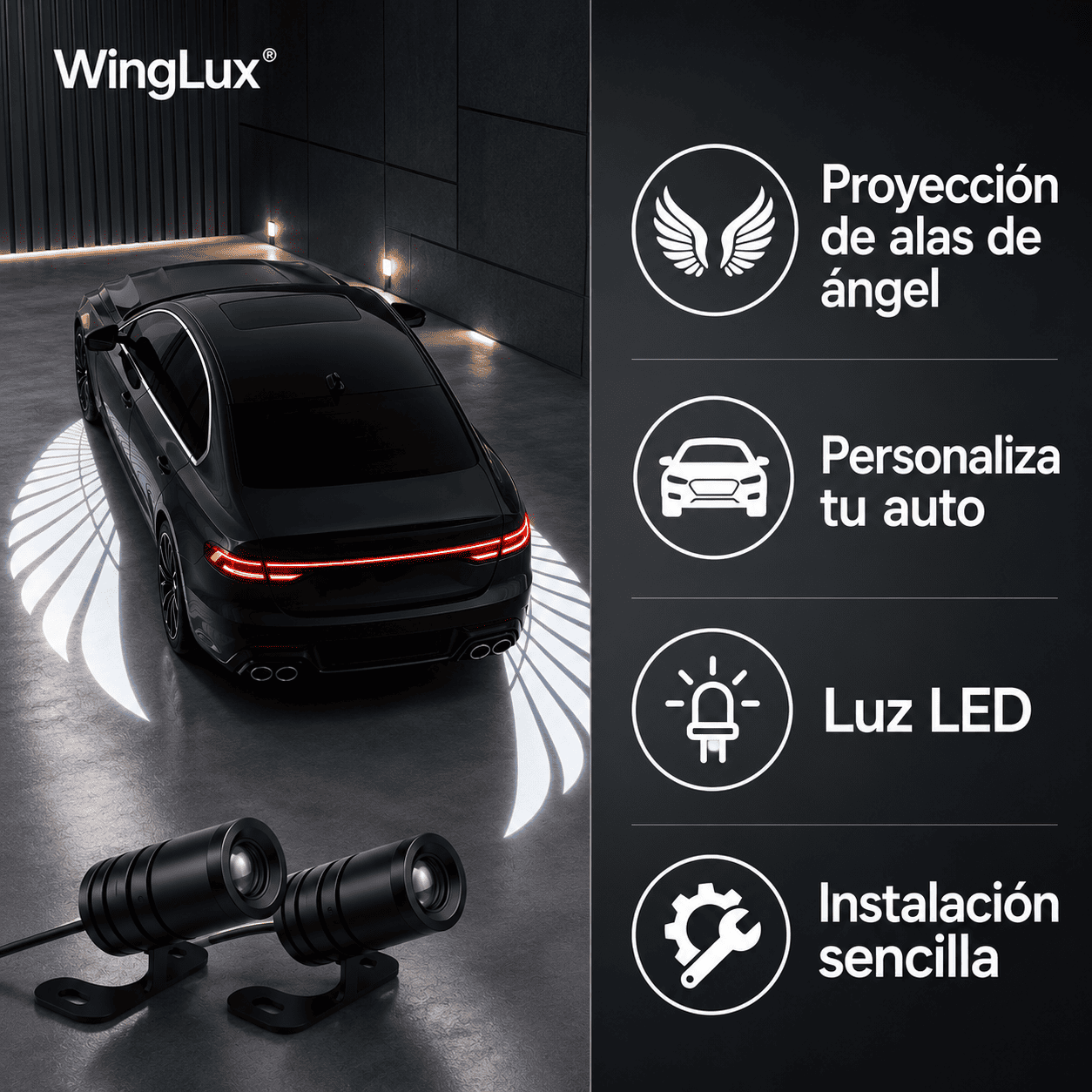 WingLux® (Par de proyectores LED ala de angel, para autos)