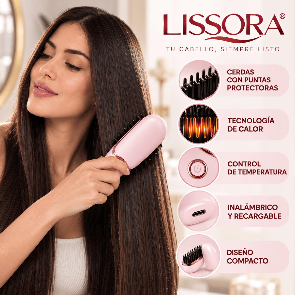 LISSORA® (Peine 2 En 1 Cepillo Alisador Alaciador Inalámbrico Minialisador Portátil )