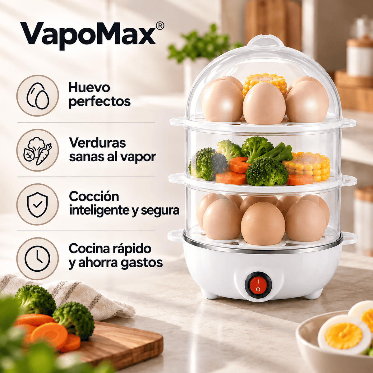 VapoMax® (Vaporera De Verduras Y Hervidor De Huevo eléctrico)